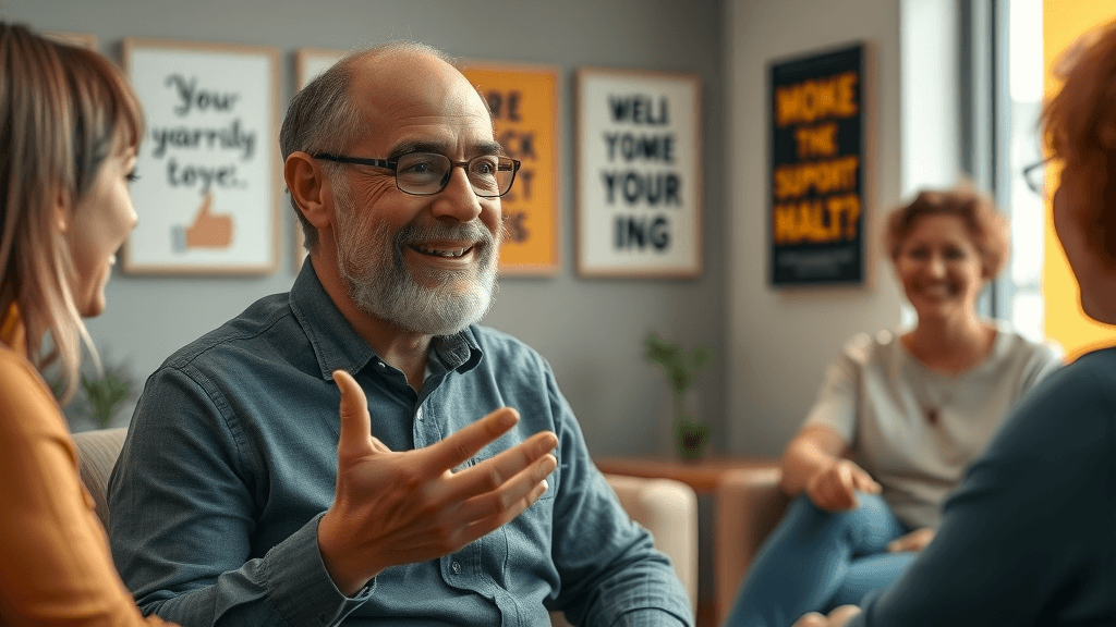 Mental health and divorce for fathers: Relieved dad in group counseling, hopeful expression