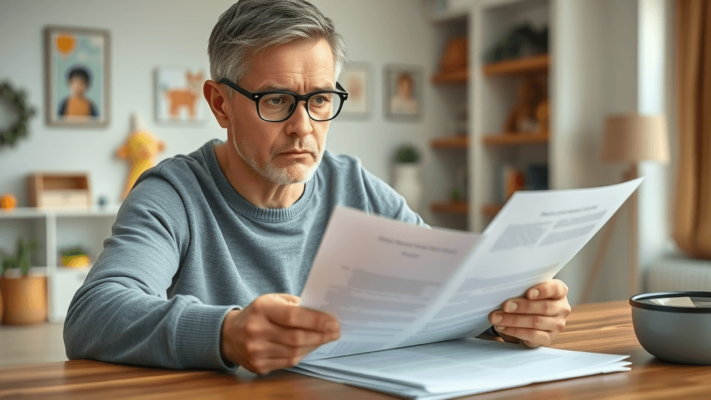 custody battle attorney thoughtful parent reviewing child custody case legal documents in a family home