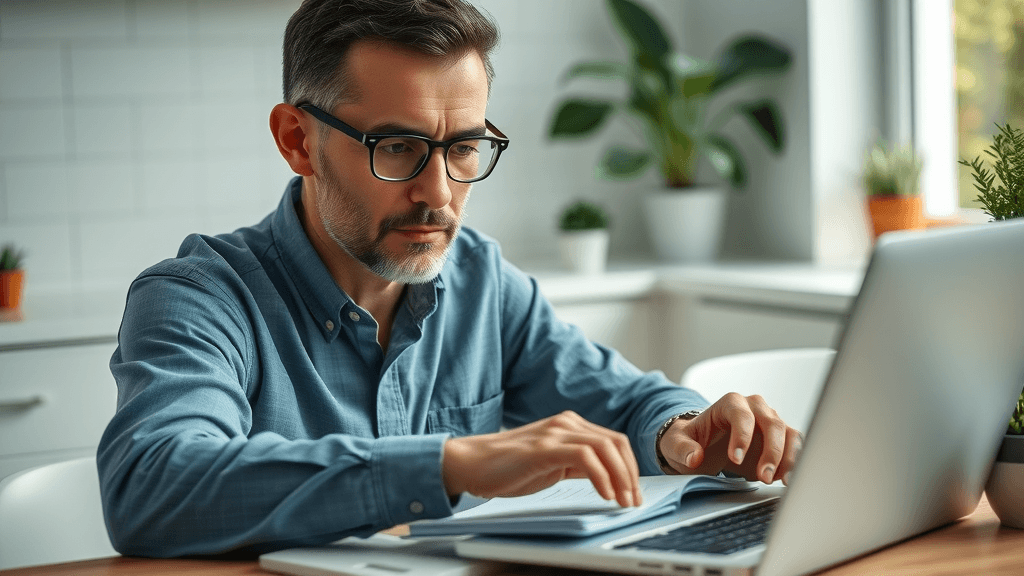 secure adult calculating divorce finances on laptop, focused expression