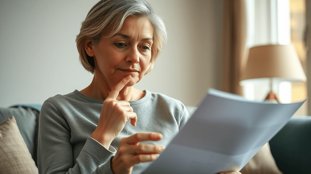 calm mature woman reviewing divorce preparation paperwork in cozy living room