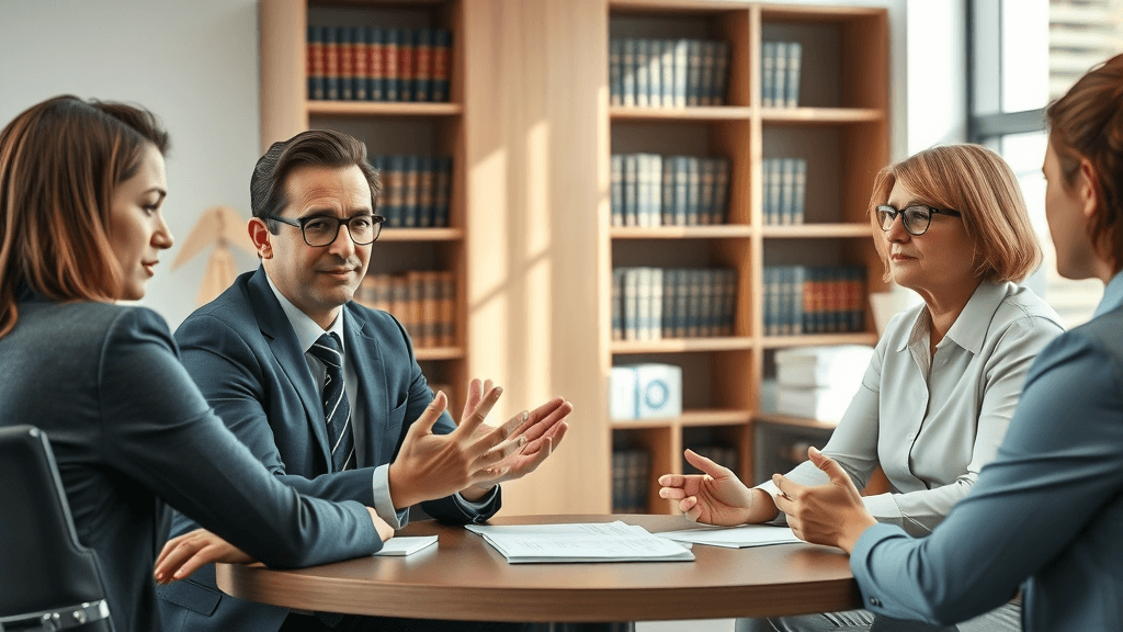 collaborative divorce attorney reassuring clients in bright office with legal documents and bookshelves, soft sunlight, business casual, natural window lighting
