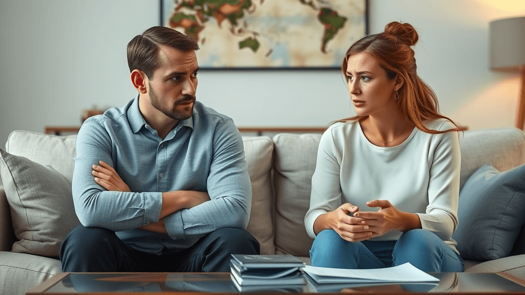 anxious couple in a tense discussion about emergency divorce steps in a modern living room with legal documents