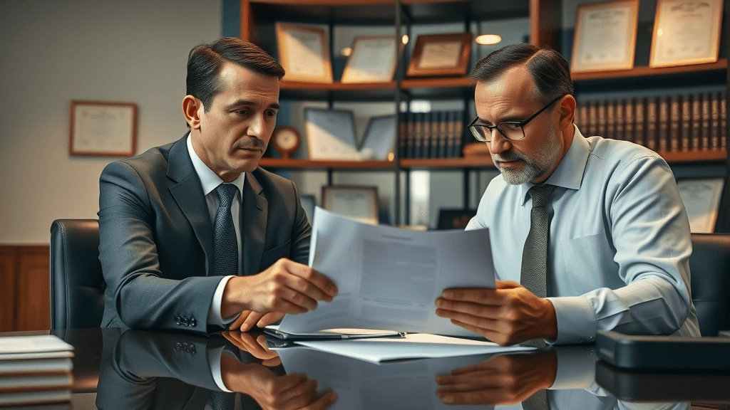 Divorce for fathers: Serious attorney consulting with father in law office