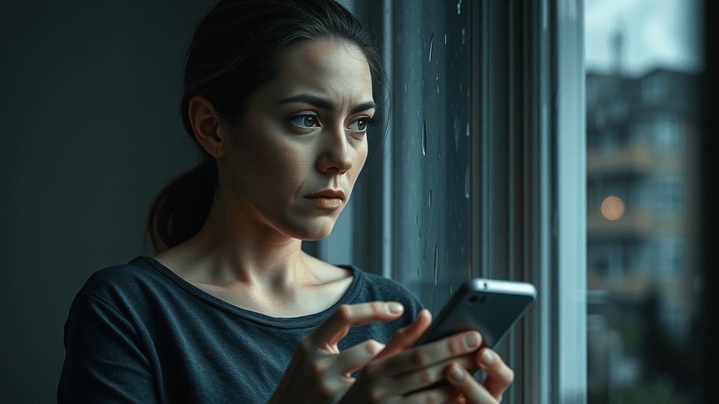 Somber woman anxious during divorce with abusive spouse, seeking help and contemplating safety, photorealistic lifelike indoor setting.