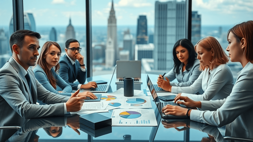 professional collaborative law team working at conference table, city view, open laptops and colorful charts, sophisticated office, balanced lighting