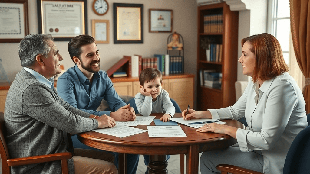 two parents and custody battle attorney mediator discussing a child custody agreement in a family law office