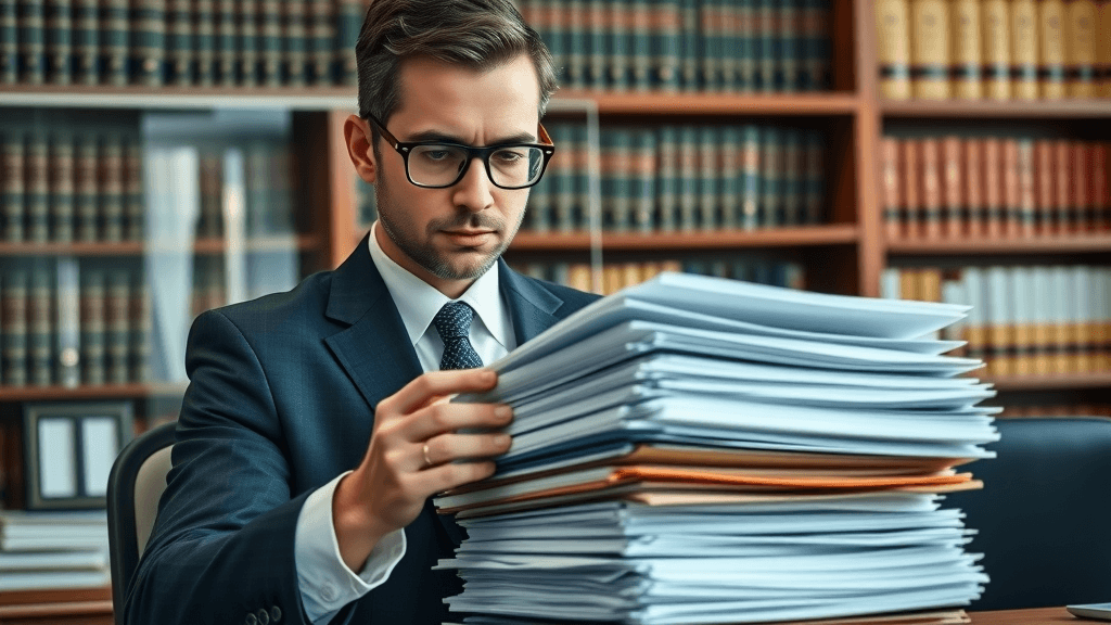 custody lawyer arranging legal files and evidence for a child custody case in a law office