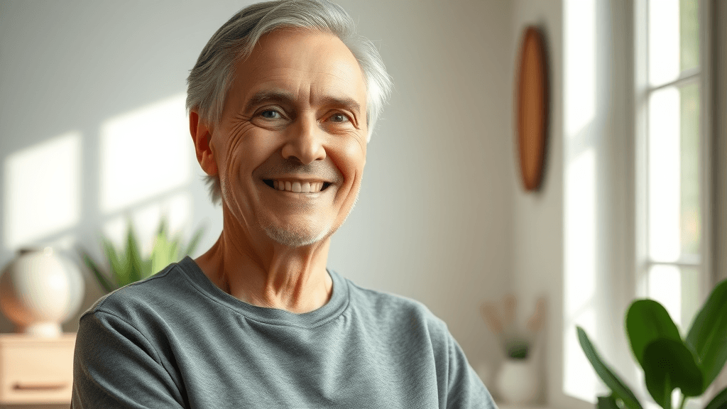 hopeful middle-aged person with gentle smile coping with divorce in a sunlit room, mental health and resilience