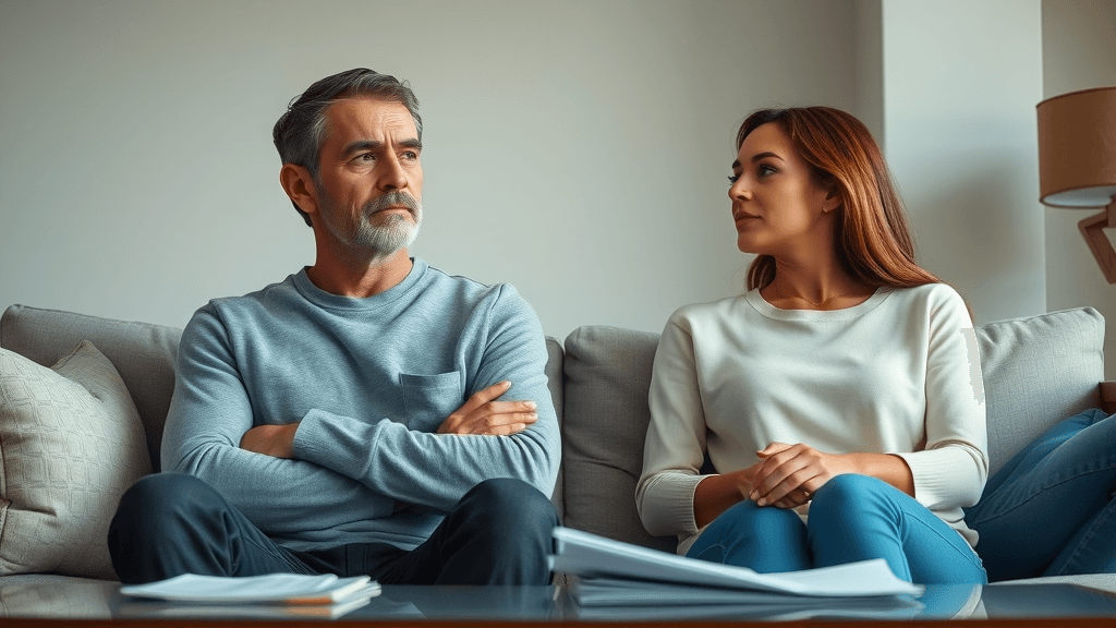 thoughtful American couple divorce legal rights living room legal paperwork