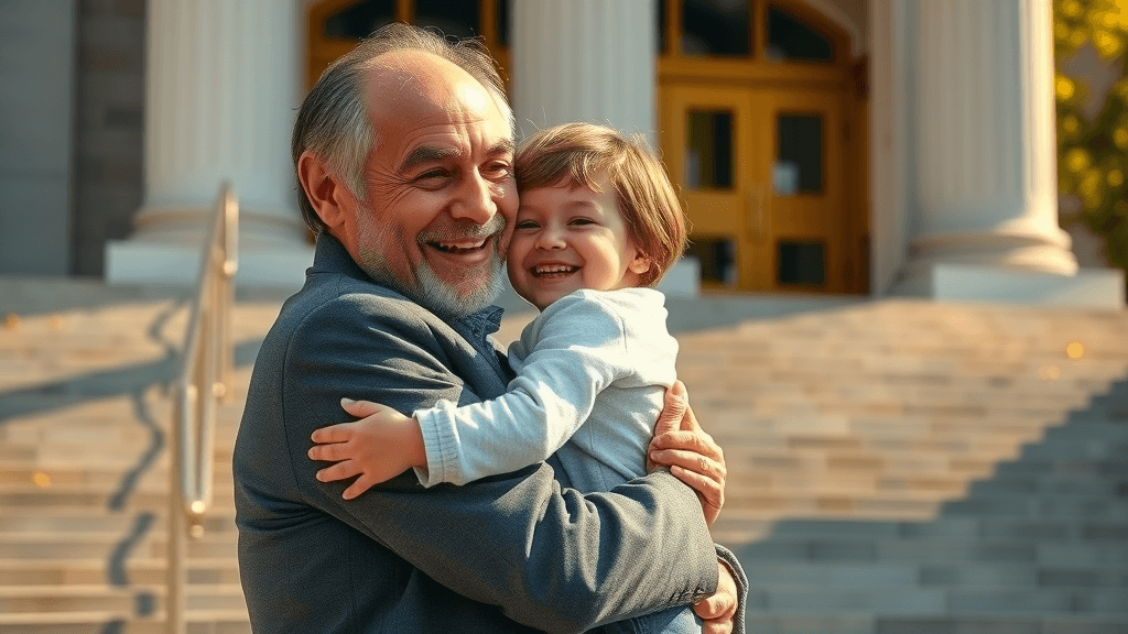 happy parent and child after custody victory outside family courthouse