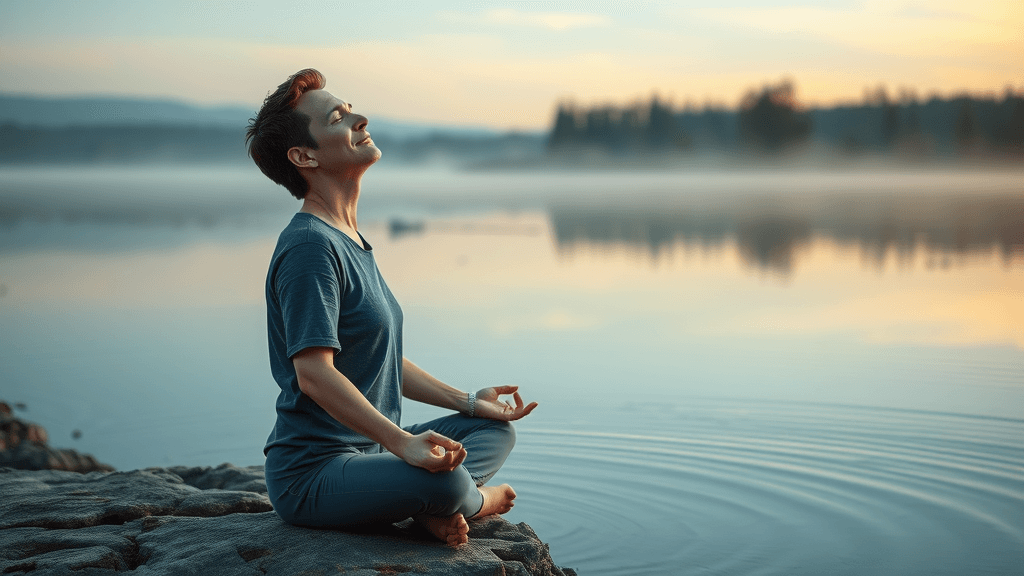 peaceful adult meditating by a tranquil lake, mindfulness for coping with divorce stress