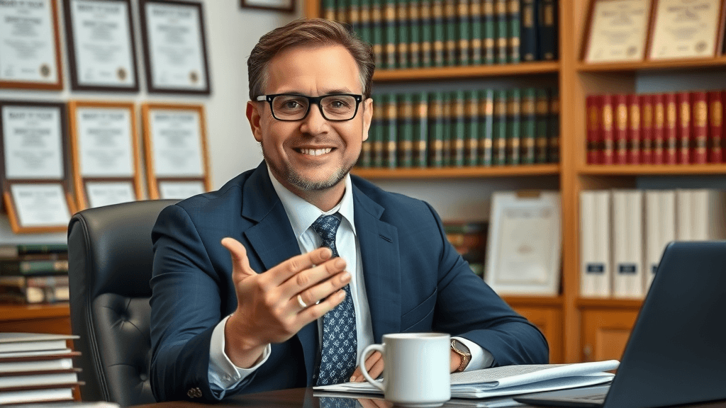 friendly collaborative divorce attorney answering client questions at desk, organized law office with diplomas and books