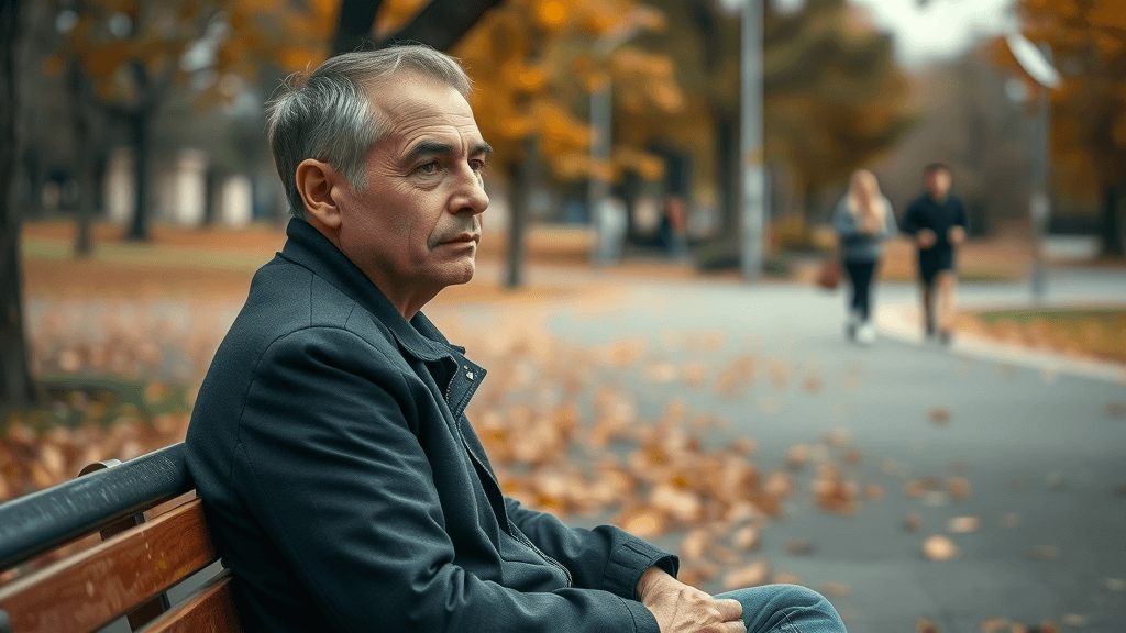 reflective adult coping with divorce alone on a park bench, mental health after separation and divorce