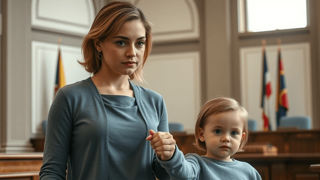 Mother protecting child during divorce with abusive spouse, navigating safe custody arrangements in a courthouse setting