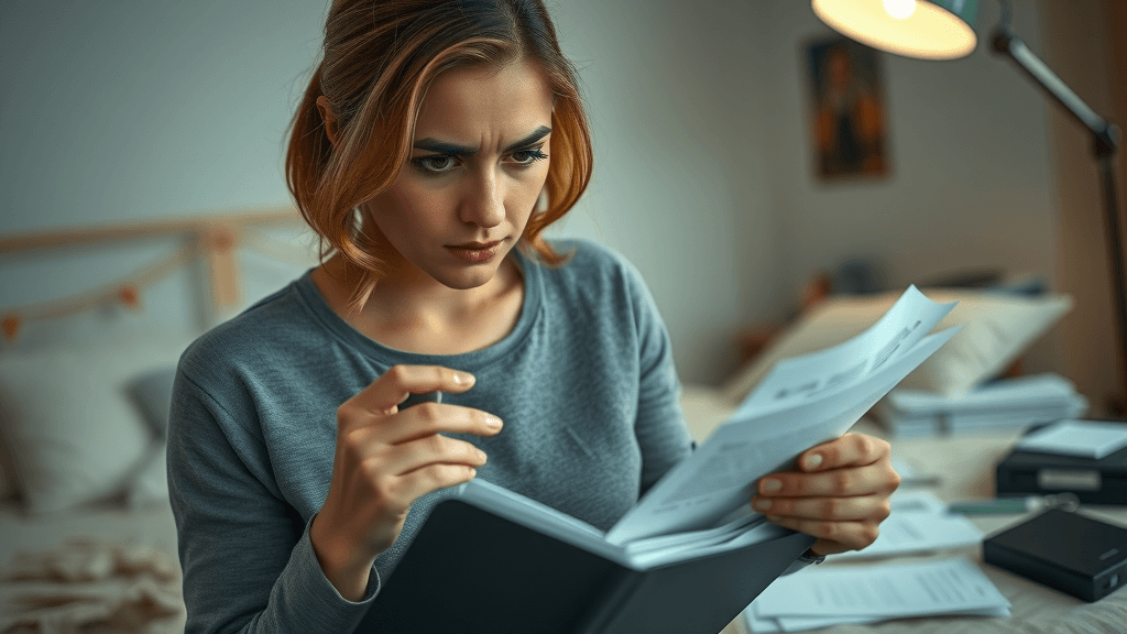 Woman preparing confidential safety documents for a divorce with abusive spouse, in a home setting, focused on planning and security.