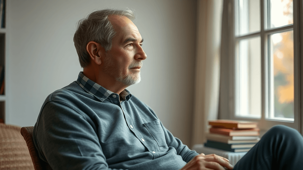 Divorce recovery - Reflective middle-aged individual looking out window in a cozy home interior