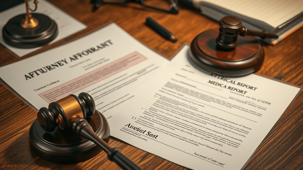 evidentiary documents for emergency divorce steps, including an affidavit and medical report on a wooden desk
