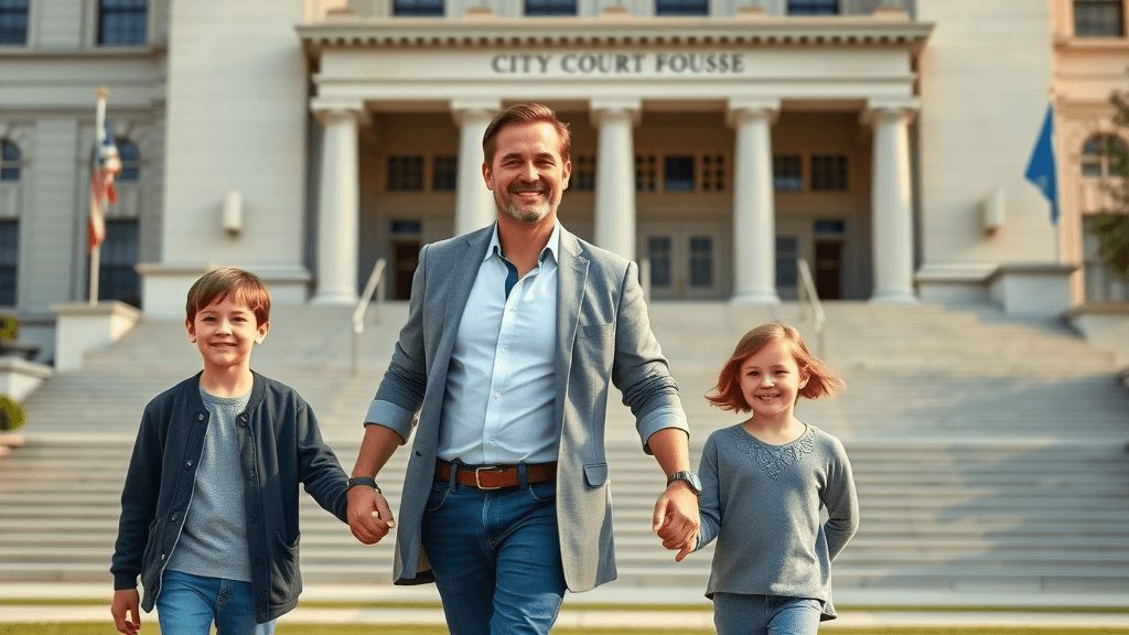 Divorce for fathers: Confident father with two children walking hand-in-hand outside a courthouse
