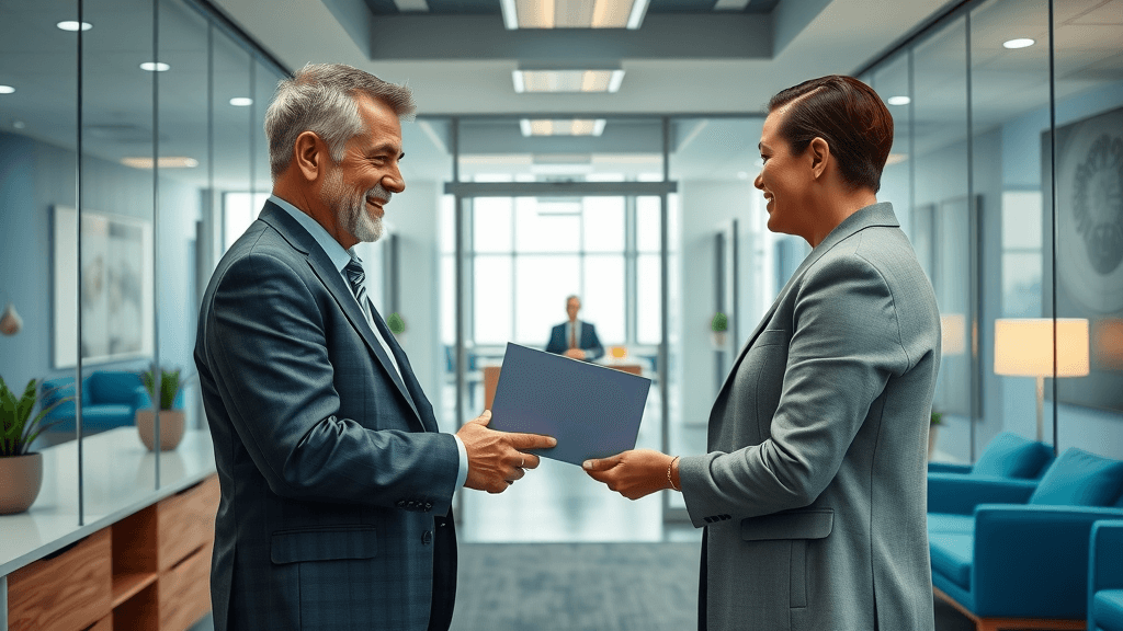Divorce for fathers: Welcoming law office reception and attorney greeting father