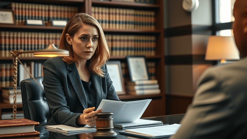 Divorce attorney for abusive spouse cases, listening empathetically and offering expert guidance in a law office setting
