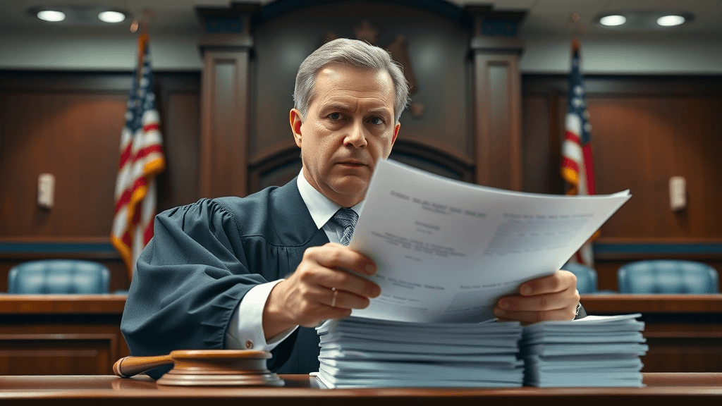 judge in courtroom reviewing grounds for divorce on legal documents