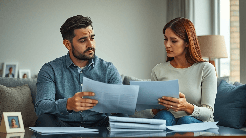 thoughtful couple reviewing divorce process steps paperwork