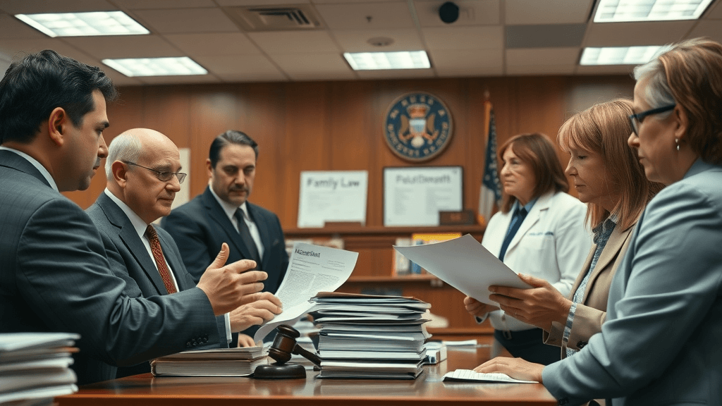 family law officials reviewing emergency divorce petitions in a courtroom chamber setting