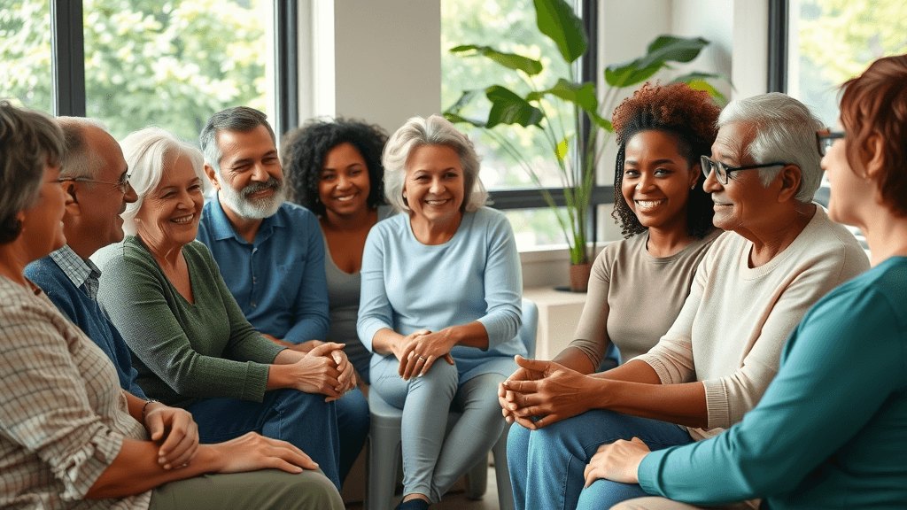 Divorce recovery support group - Diverse adults sharing support in group circle during daylight