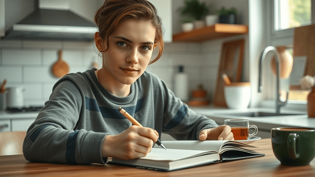 determined young adult writing goals for recovering after divorce, kitchen setting with journal and tea