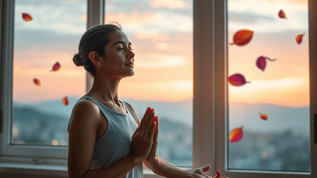 serene person practicing yoga coping with divorce for mental health, open window and sunrise