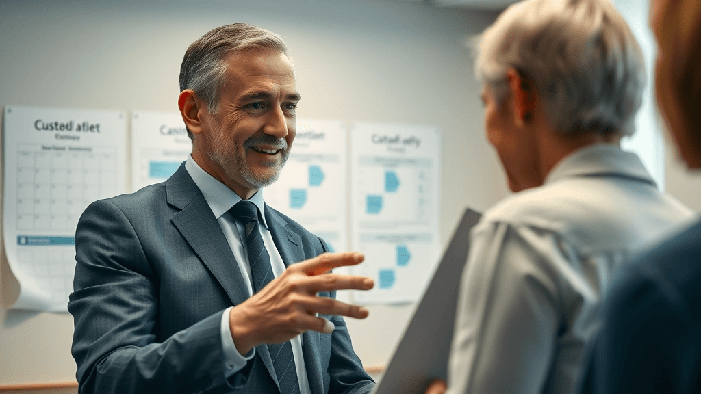 family law attorney explaining custody agreement to a parent in an office with legal diagrams
