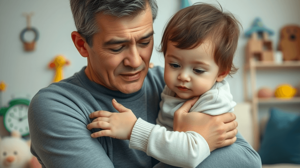 Concerned parent comforting child, illustrating child custody and divorce questions answered for families