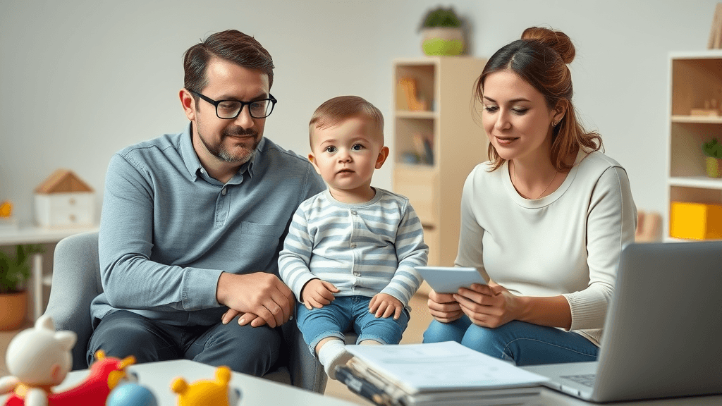 concerned parents and mediator discussing child custody and assets during divorce process steps