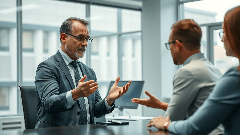 Professional mediator explains mediation process with visual aids