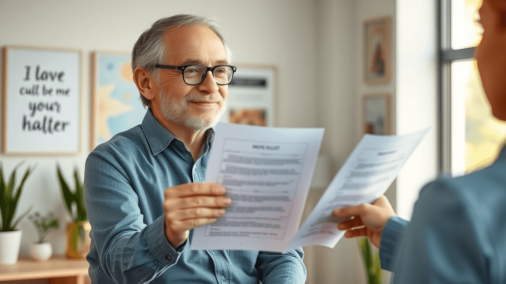 hopeful adult with divorce preparation checklist shaking hands with advisor