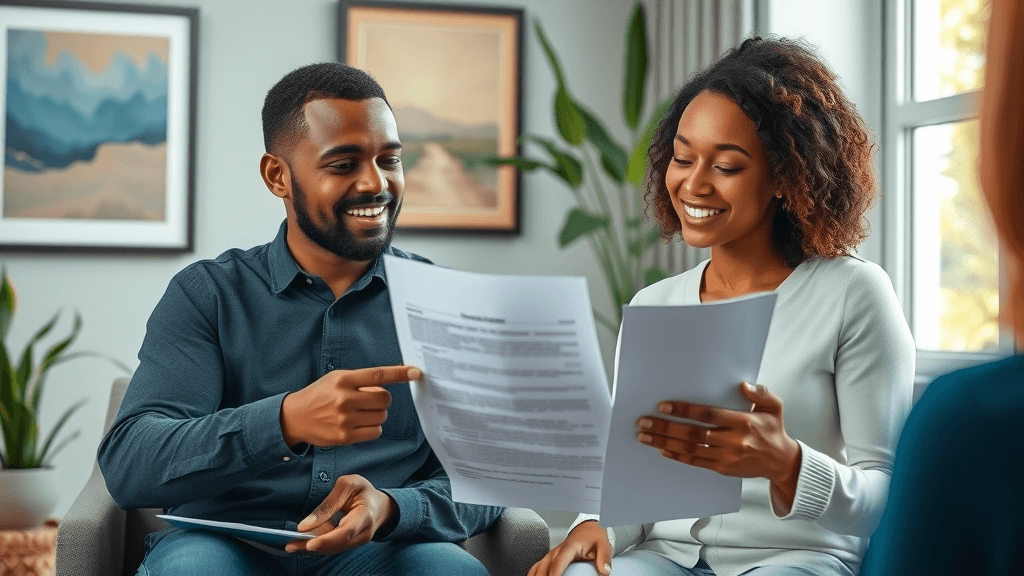 hopeful couple meeting with collaborative divorce attorney reviewing legal paperwork, contemporary consultation room with art and green plants, blue and earth tones, natural light