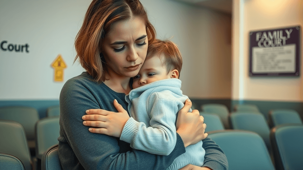 concerned mother with child seeking emergency protection in a family court waiting area