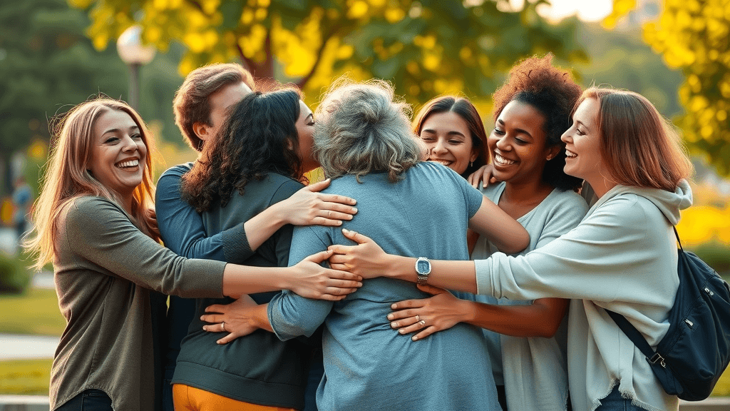 group of friends supporting each other in city park, positive social network coping with divorce