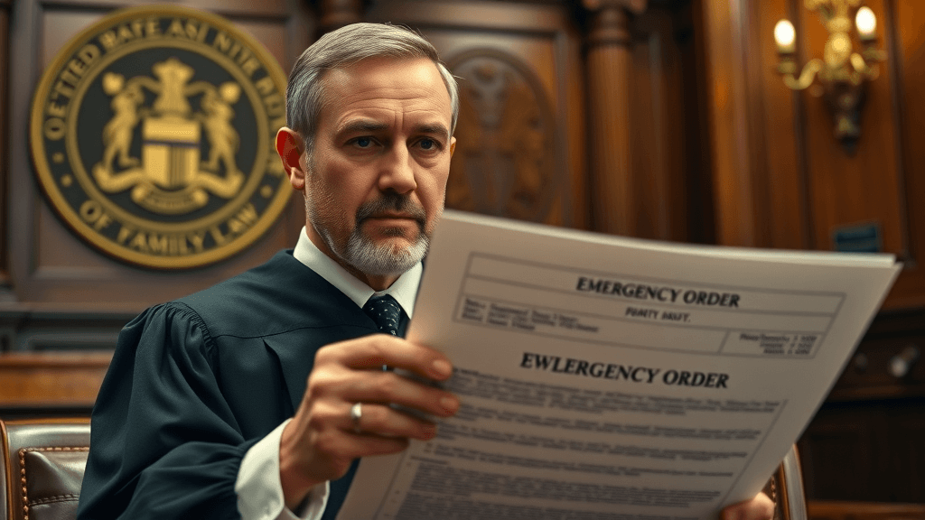 focused family law judge reviewing emergency order paperwork during an emergency divorce step in court