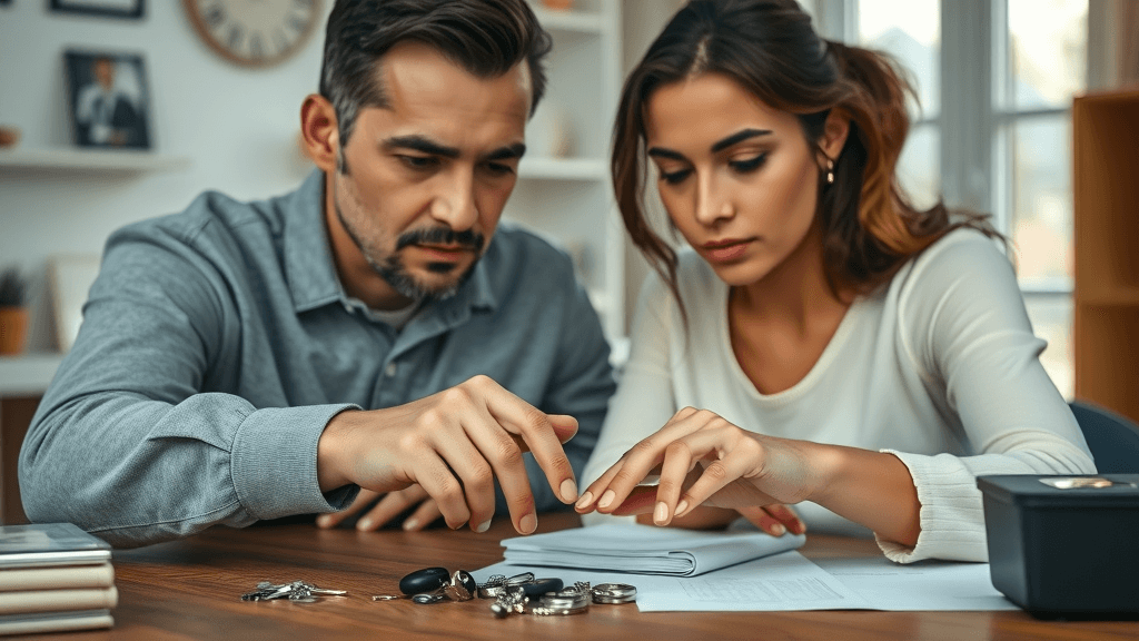 Calm couple dividing community property on table, demonstrating divorce questions answered about marital assets
